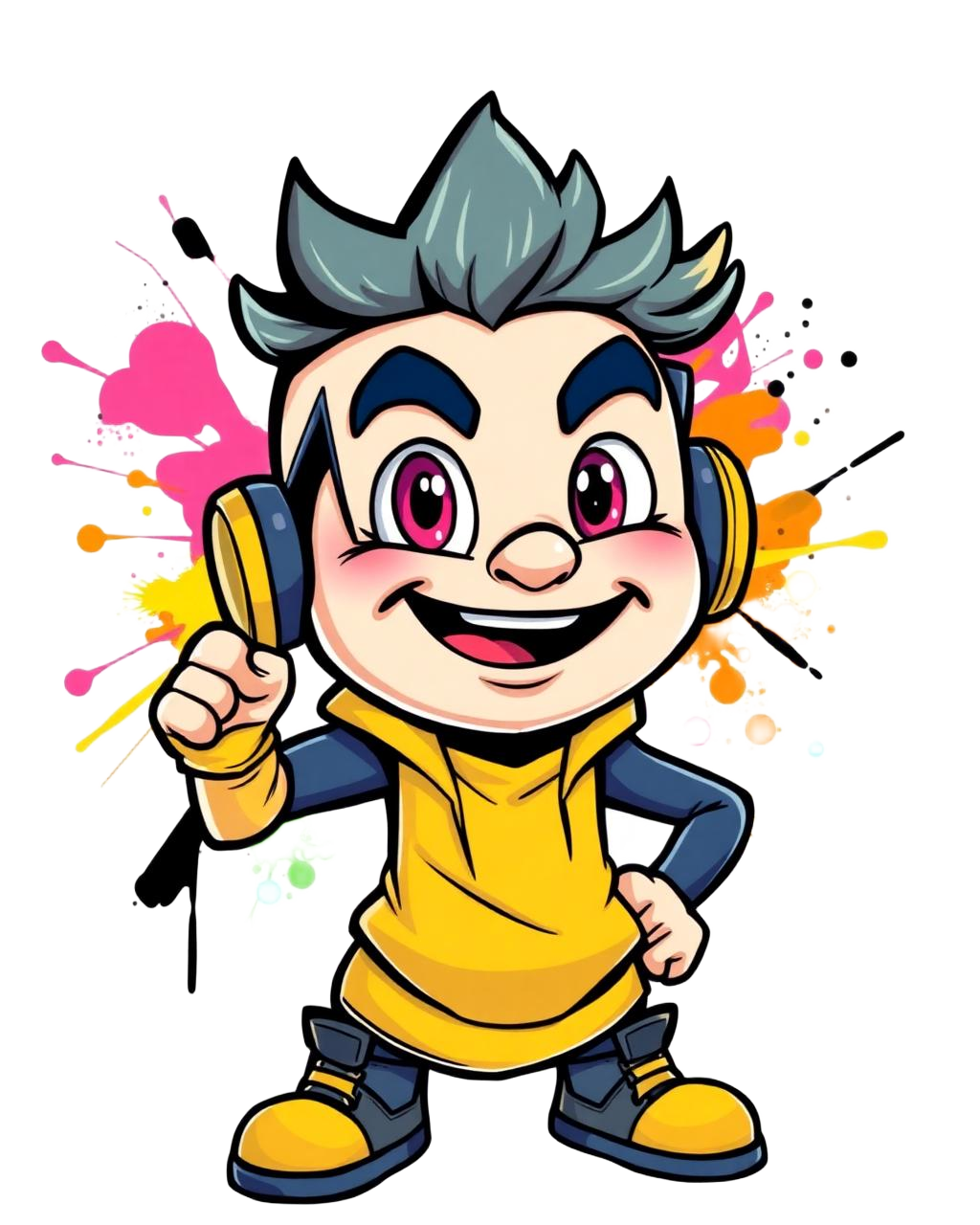 Steve Cas mascot character with headphones and graffiti splash